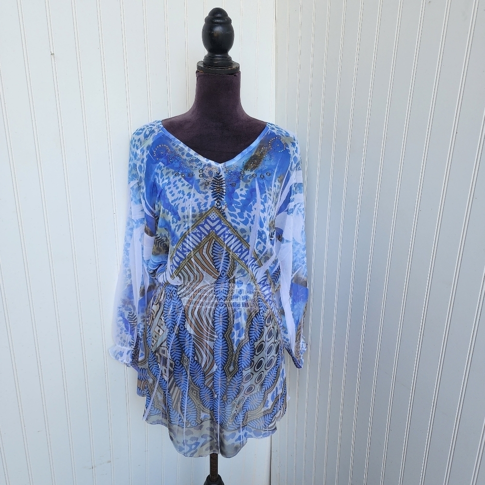 Daniel Benjamin Womens Sheer Tunic Top Smocked Beaded Boho Lightweight Blue Sz M